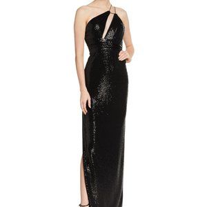 Aidan by Aidan Mattox black sequin one shoulder evening gown with slit